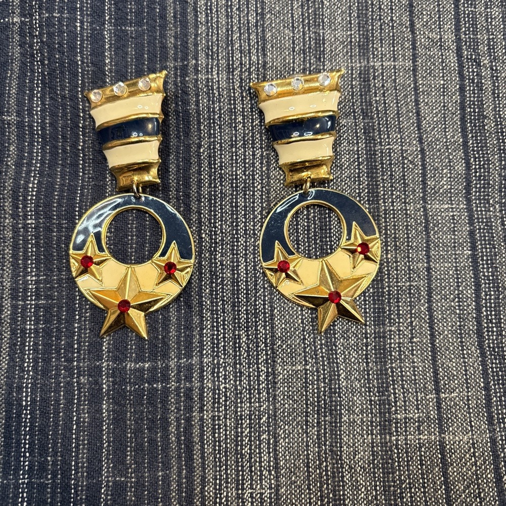 Vintage Large Nautical Dangle Earrings Navy Stars Vintage